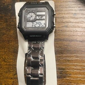 Men’s Digital Sport Watch Black Square Face World Time 5 Alarms Water resistant